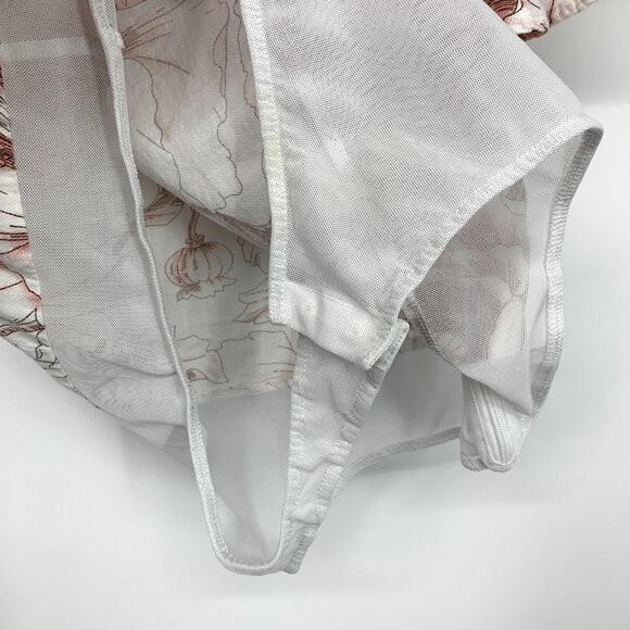 Lulus Bodysuit White Floral Print Ruffle Short Sleeve Tie Back - Picture 10 of 15